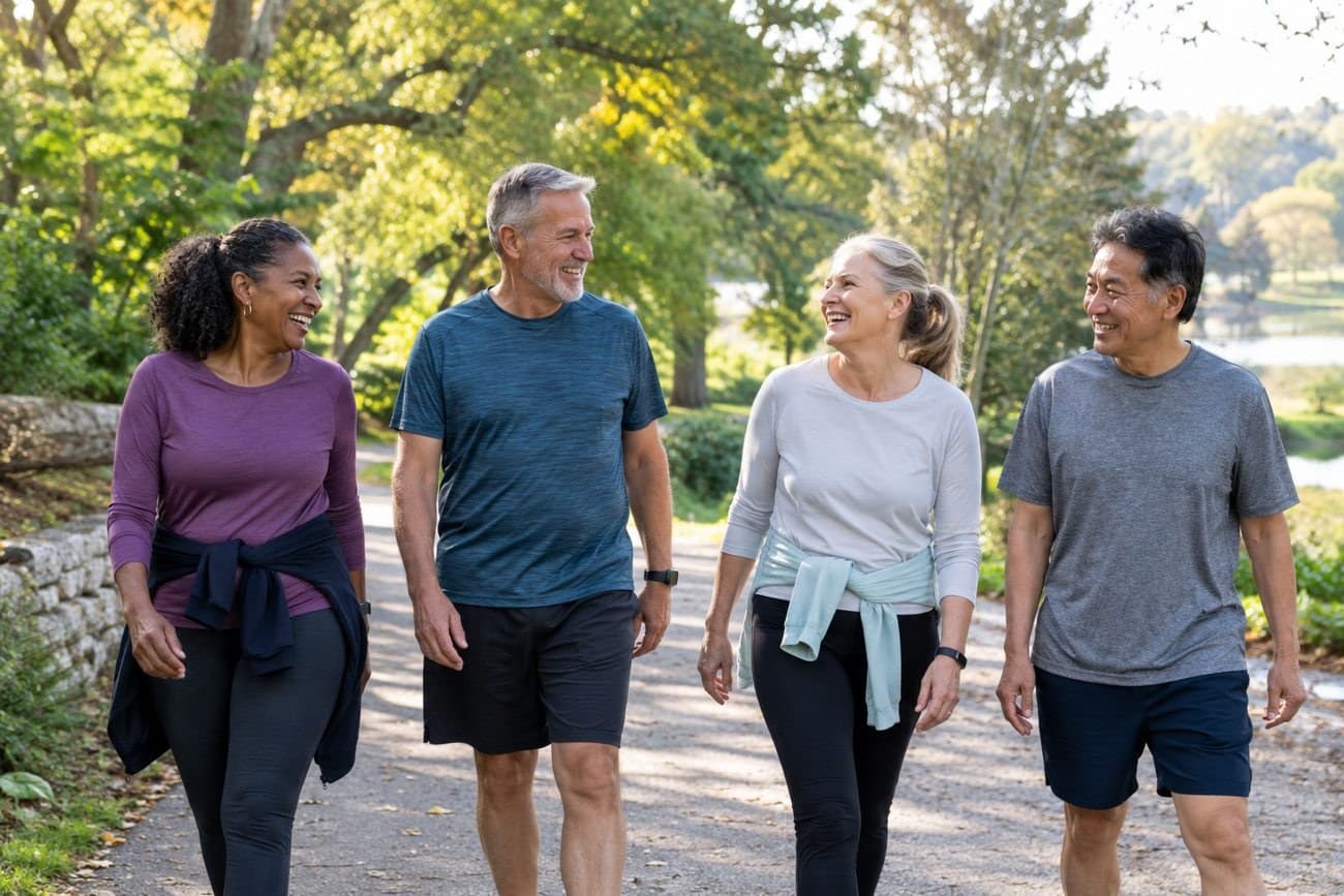 Four adult friends smiling and talking while walking together on a leafy park path.